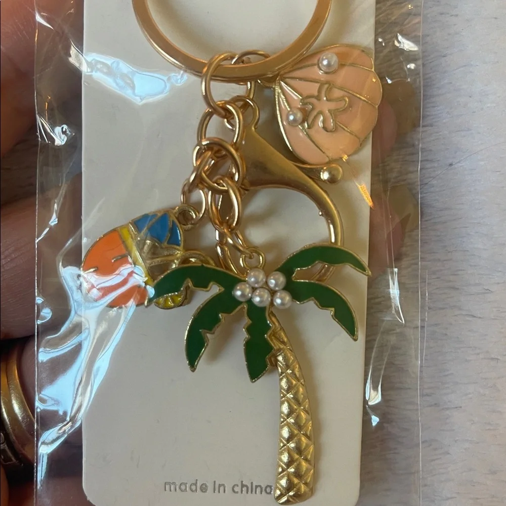 Mint Tropical palm tree Charm Keychain purse charm with Gold Accents nwt